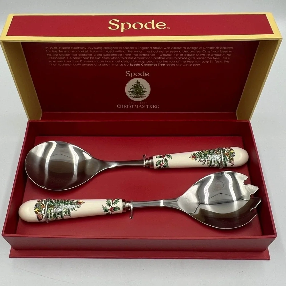 Spode Christmas Tree Salad Servers Unisex OS White Brand New Ceramic Handles